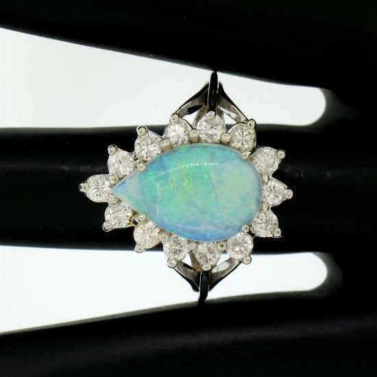 14k White Gold 3.62 ctw Pear Cut Australian Opal Diamond Halo Cocktail Ring