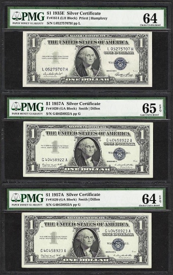 Lot of (3) Silver Certificates 1935E Choice Unc 64, 1957A 64EPQ, 1957A Gem Unc 6