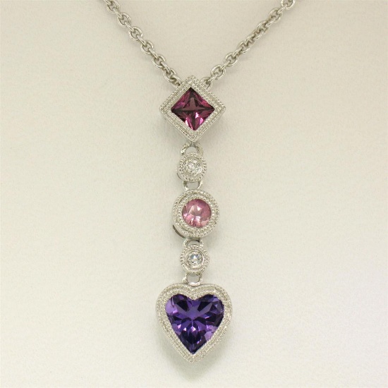 14K White Gold Heart Amethyst Tourmaline Pink Sapphire Diamond Dangle Pendant