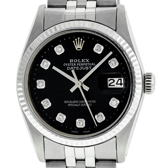 Rolex Mens Stainless Steel Black Diamond 36MM Datejust Wristwatch