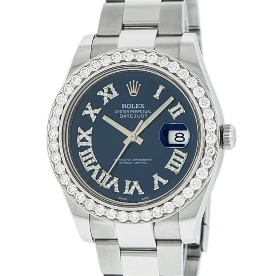 Rolex Mens Stainless Steel Black Roman Diamond 3.5 Carat 41MM Datejust 2 Wristwa
