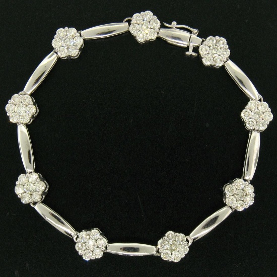 14K White Gold 7" 4.65 ctw Round Diamond Flower Cluster Bar Link Tennis Bracelet