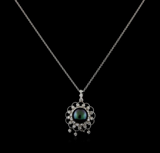 Pearl and Diamond Pendant With Chain - 14KT White Gold