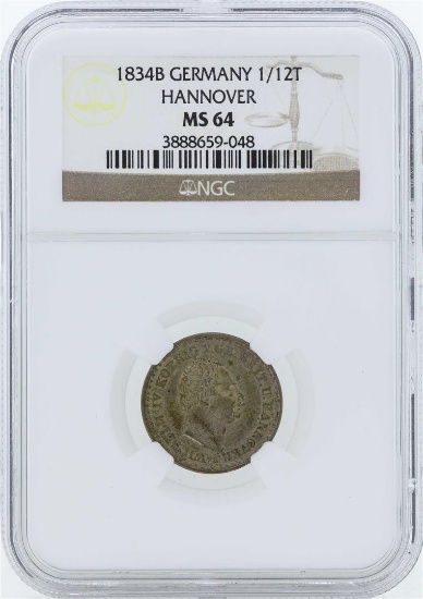 1834B Germany 1/12 Thaler Hanover Coin NGC MS64