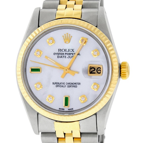 Rolex Mens 2 Tone 14K Mother Of Pearl Diamond 36MM Datejust Wristwatch