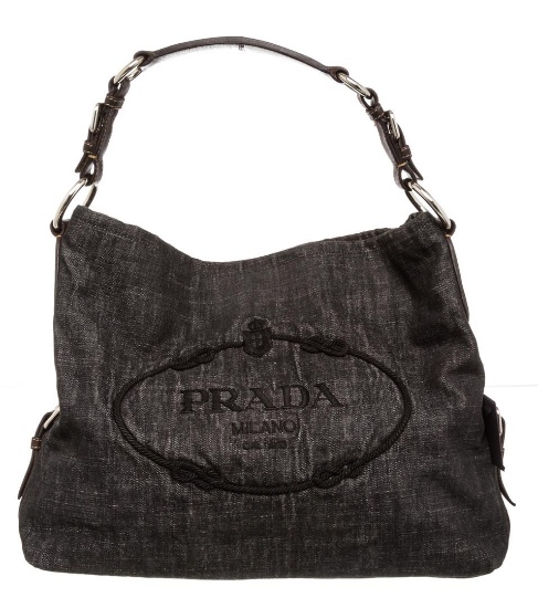 Prada Dark Gray Denim Canvas Embroidered Shoulder Bag