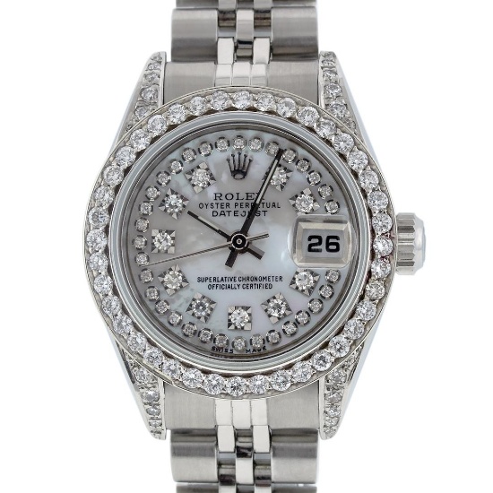 Rolex Ladies Stainless Steel Quickset Mother Of Pearl Diamond Lugs Jubilee Datej