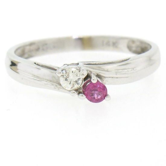 14k White Gold 0.17 ctw Ruby & Diamond Petite Bypass Promise Birthstone Ring
