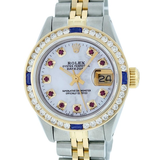 Rolex Ladies 2 Tone 14K MOP Ruby & Sapphire Channel Set Datejust Wristwatch