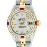 Rolex Ladies 2 Tone 14K Silver Diamond & Ruby Datejust Wristwatch