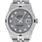 Rolex Mens SS Meteorite Diamond & Ruby Channel Set Diamond Datejust Wristwatch