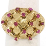 18K Yellow Gold 0.70 ctw Cabochon Ruby Cluster Checkerboard Cocktail Ring