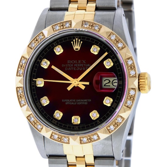Rolex Mens 2 Tone 14K Red Vignette Pyramid Diamond 36MM Datejust Wristwatch