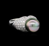 0.87 ctw Pearl and Diamond Ring - 14KT White Gold