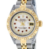 Rolex Ladies 2 Tone 14K MOP Ruby & Pyramid Diamond Datejust Wriswatch