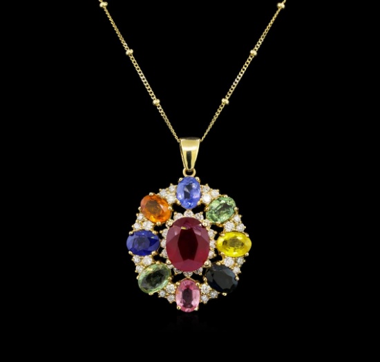 14KT Yellow Gold 4.42 ctw Ruby, Sapphire and Diamond Pendant With Chain