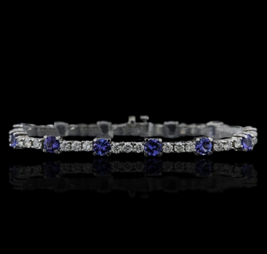 14KT White Gold 6.48 ctw Tanzanite and Diamond Tennis Bracelet