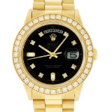 Rolex Mens 18K Yellow Gold Black Diamond 2.5 ctw Quickset President Wristwatch W