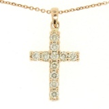 14k Rose Gold 0.75 ctw Round Brilliant Diamond Petite Cross Pendant w/ 16