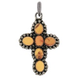 Sterling Silver Oval Cabochon Bezel Amber Cross Pendant & Bead Work Halo