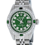 Rolex Ladies Stainless Steel Green Emerald & Diamond Datejust Wristwatch