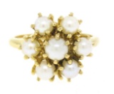 10k Solid Yellow Gold 7 Round Akoya Pearl Cluster Ladies Dinner Ring