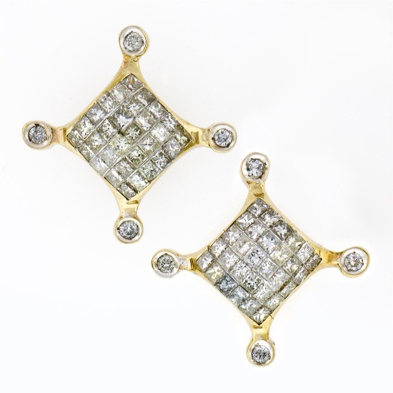 Large 14K Yellow Gold 1.32 ctw Princess Round Diamond Cluster Screw Back Earring