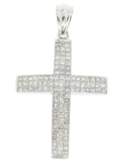 14K White Gold 3.25CTW 108 Invisible Set Princess Diamond Arched Unisex Cross