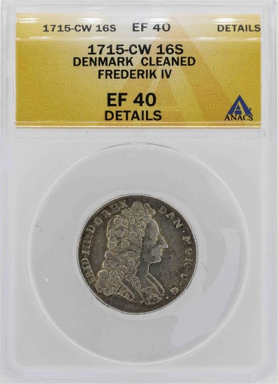1715 Denmark Frederik IV 16 Skilling Coin ANACS XF40 Details