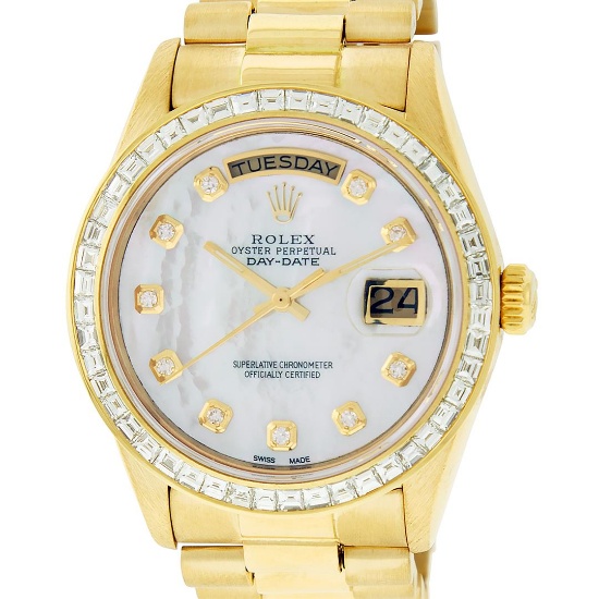 Rolex Mens 18K Yellow Gold 3.0 ctw Baguette Diamond Day Date President Wristwatc