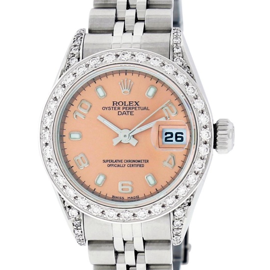 Rolex Ladies Stainless Steel Quickset Salmon Diamond Lugs Datejust Wristwatch