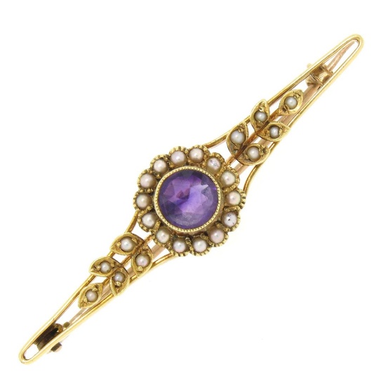 15k Yellow Gold .64 ctw Old Cut Amethyst & Seed Pearl Brooch Pin