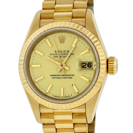 Rolex Ladies 18K Yellow Gold Champagne Index Datejust President Wristwatch With