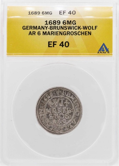 1689 Germany-Brunswick-Wolf 6 Mariengroschen Silver Coin ANACS XF40