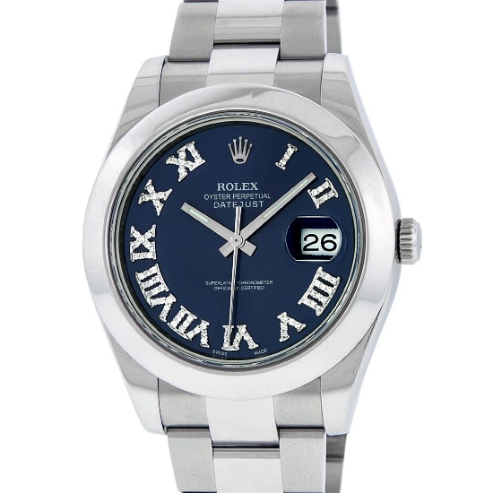 Rolex Mens SS 41MM Blue Roman Diamond Datejust 2 Oyster Band Wristwatch With Box
