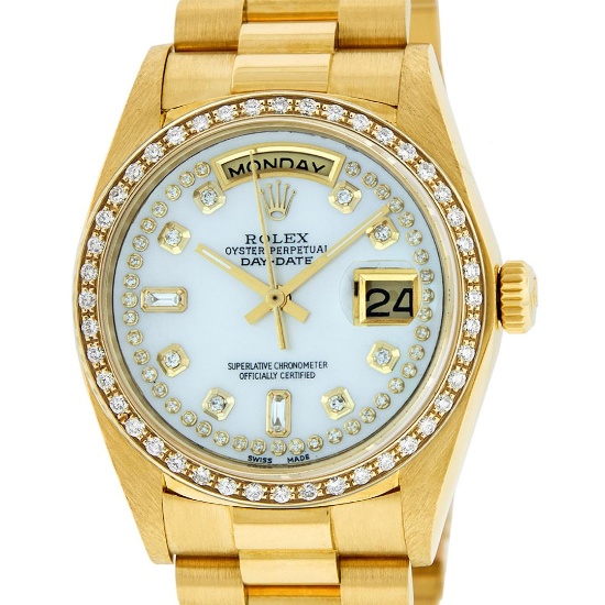 Rolex Mens 18K Yellow Gold MOP String Diamond Quickset President Wristwatch With