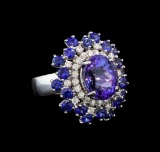 14KT White Gold 4.93 ctw Tanzanite, Sapphire and Diamond Ring