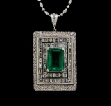 Platinum GIA Certified 6.98 ctw Emerald and Diamond Pendant With Chain