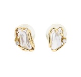 0.10 ctw Diamond and Freshwater Pearl Earrings - 14KT Yellow Gold