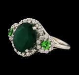 3.88 ctw Emerald, Tsavorite and Diamond Ring - 14KT White Gold
