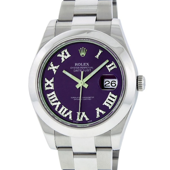 Rolex Mens SS 41MM Purple Roman Diamond Datejust 2 Oyster Band Wristwatch With B