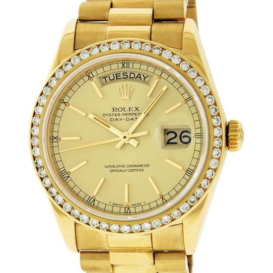 Rolex Mens 18K Yellow Gold 1.0 ctw Channel Set Diamond Day Date President Wristw