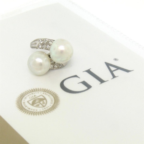 GIA Certified Solid Platinum Pearl & Diamond Bypass Cocktail Ring