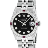 Rolex Womens Midsize 31mm Black Diamond Lugs & Ruby Datejust Wristwatch