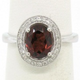 14K White Gold 1.59 ctw Oval Garnet Ring w/ Milgrain Diamond Halo