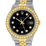 Rolex Mens 2 Tone 18K Black 2.5 ctw Diamond Datejust Wristwatch With Rolex Box &