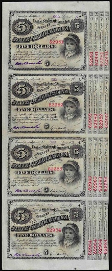 Uncut Sheet of (4) State of Louisiana Baby Bond Obsolete Notes