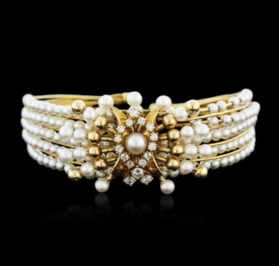 14KT Yellow Gold Pearl and Diamond Bangle Bracelet