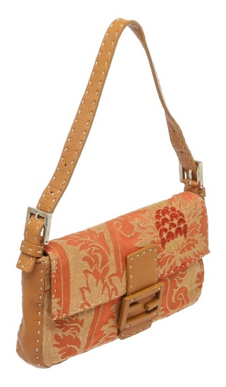 Fendi Orange Jacquard Canvas Brown Leather Baguette Bag