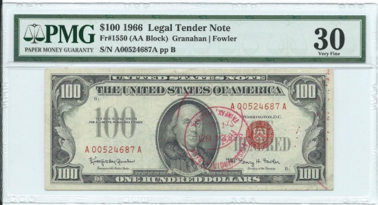 1966 $ 100 Legal Tender Note PMG Very Fine 30